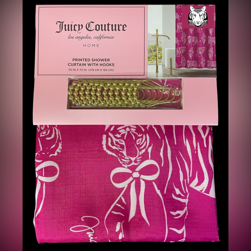13-pc Juicy Couture Dk Pink White Tigers Shower Curtain Set 70x72 Gold Hooks NWT